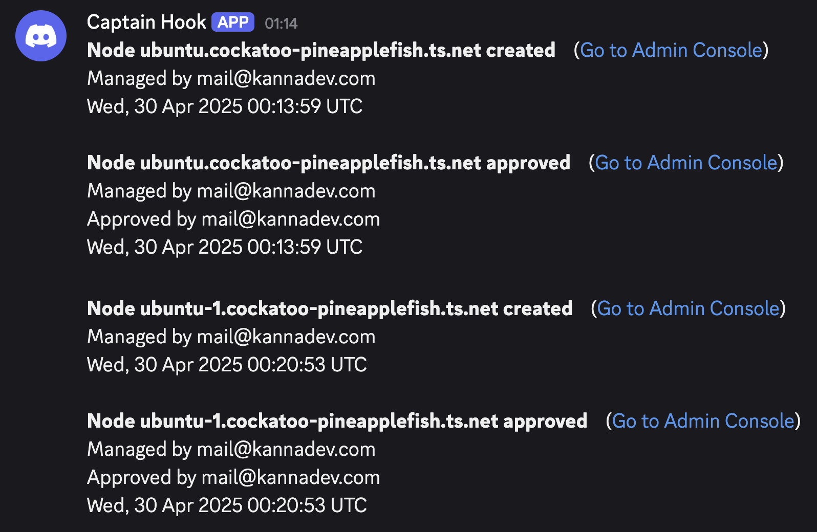 Notification on Discord showing two hosts being created and approved